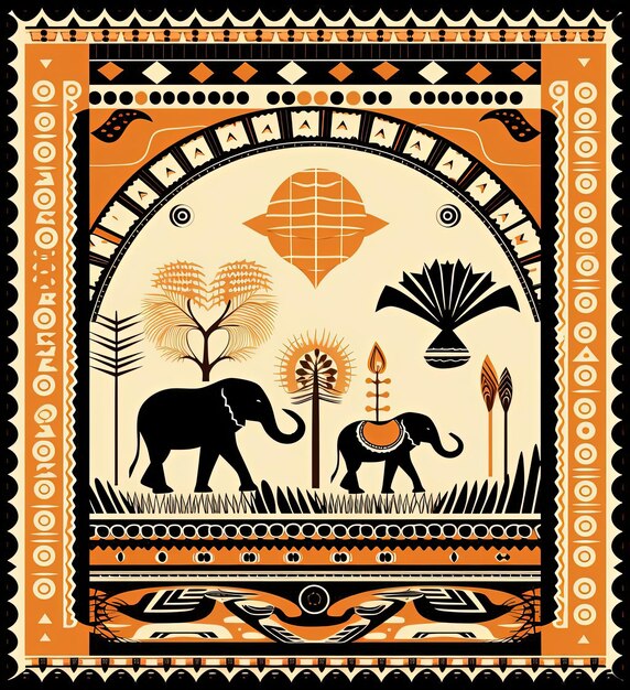 Photo african tribal pattern in ivory colors with elephants and palm leaves in the style of orange