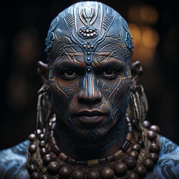 Photo african tribes with blue tatoos on face