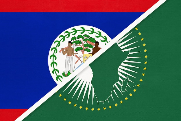 Национальный флаг африканского союза и белиза с текстильного африканского континента против символа белиза