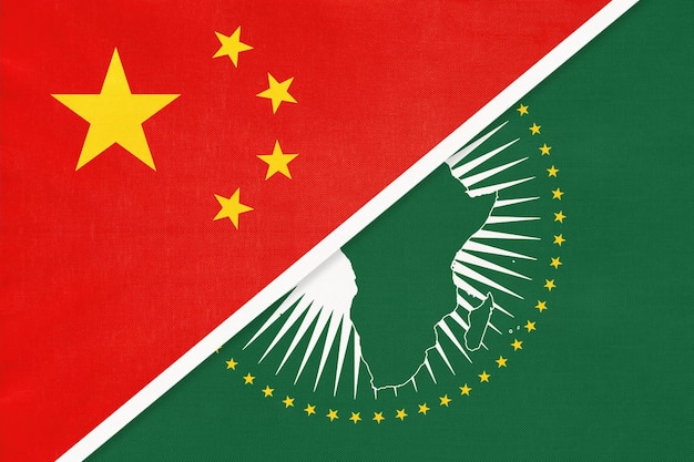 African Union and China or PRC national flag from textile Africa continent vs Chinese symbol