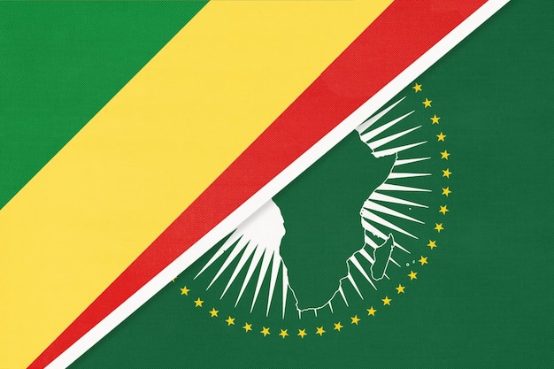 아프리카 연합 및 콩고 또는 콩고 브라자빌 국기 섬유 아프리카 대륙 대 콩고 기호