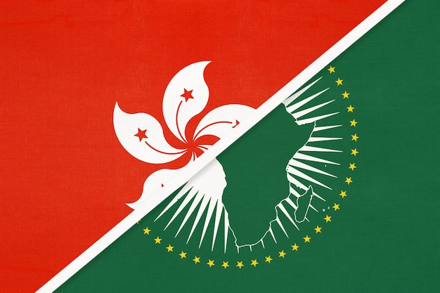 African Union and Hong Kong national flag from textile Africa continent vs HKSAR symbol