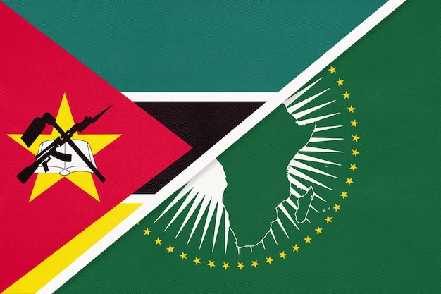 African Union and Mozambique national flag from textile Africa continent vs Mozambican symbol