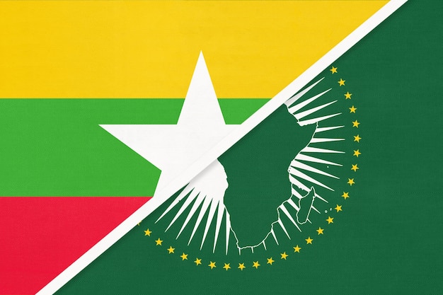 African Union and Myanmar or Burma national flag from textile Africa continent vs Burmese symbol