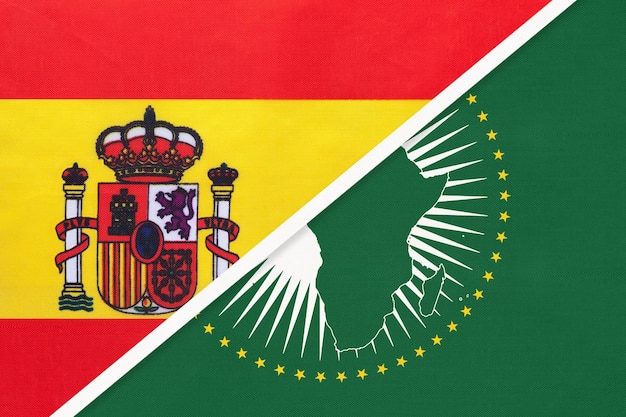 African Union and Spain national flag from textile Africa continent vs Spanish symbol