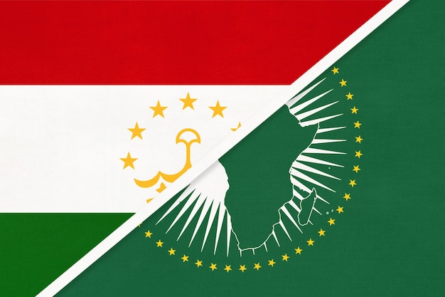 Photo african union and tajikistan national flag from textile africa continent vs tajikistani symbol