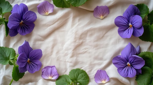 African violet and flower petals on pale linen background