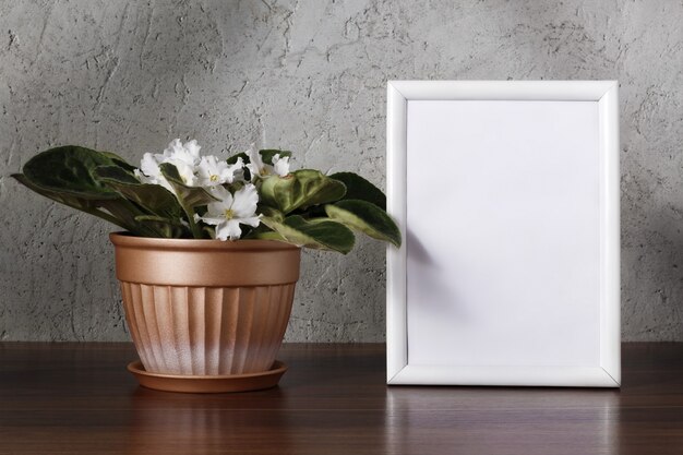 Violetta africana con fiori bianchi in vaso di fiori e cornice in legno bianco su mensola in legno vicino alla parete. sfondo interno.