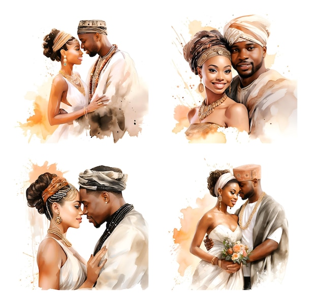 African Watercolor illustration wedding groom and bride portrait