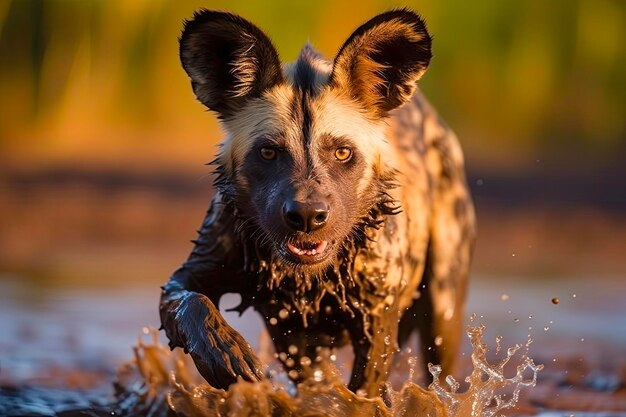 アフリカの野生犬がマナ・プールで水中を歩いている ザンビアの野生動物サファリと美しい野生動物