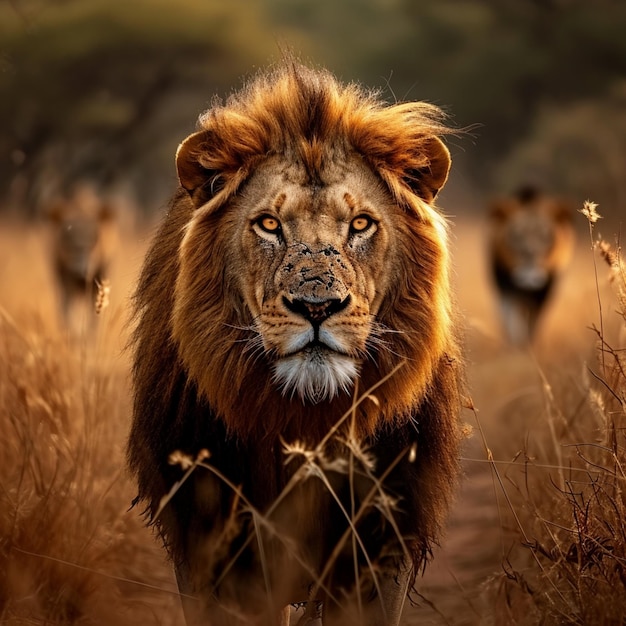 Величественный африканский дикий лев в пустыне на африканском сафари для размера поста в социальных сетях