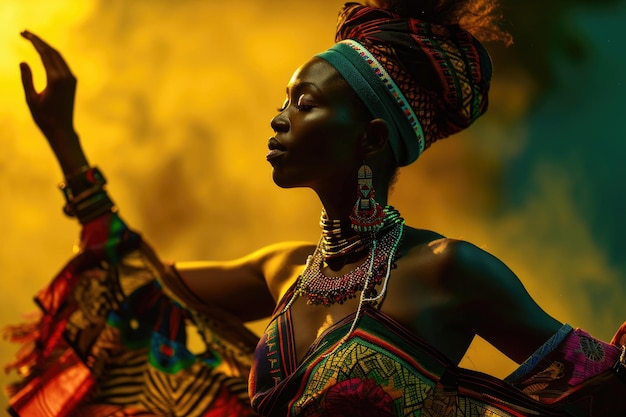 African woman adorned in traditional attire performs a dance