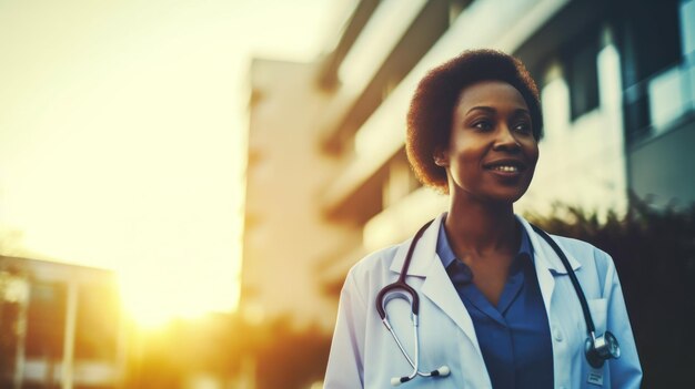 African woman doctor in hospital garden