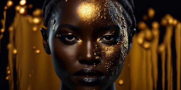 African woman editorial photography dripping in gold and glitter AIGenerated