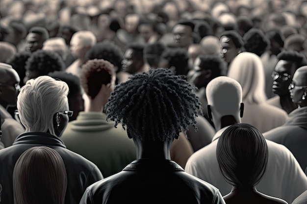 African woman from back view who standing in the middle crowd of people with Generative AI