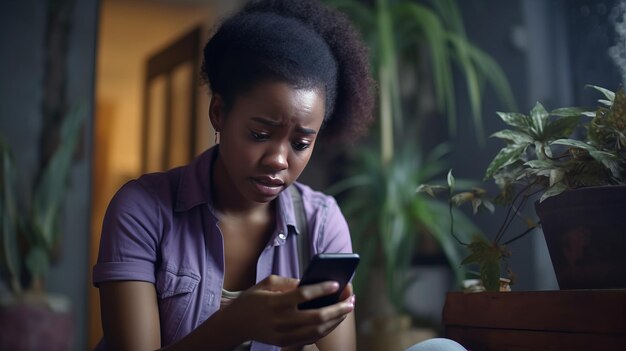 African woman is crying very sad looking at her phone she is at home