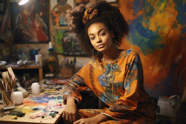 An African woman is sitting in an art studio near a lot of drawings