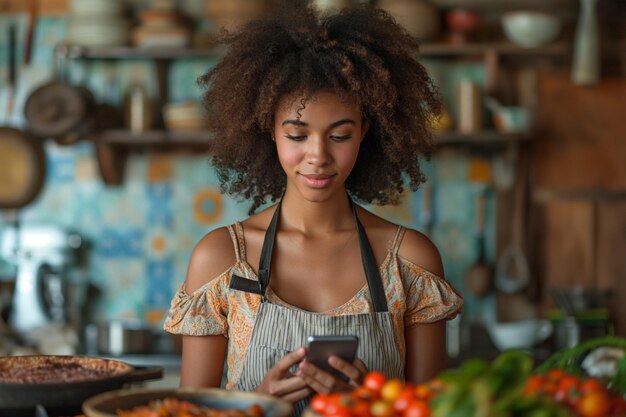 African woman looking at recipe on phone while cooking