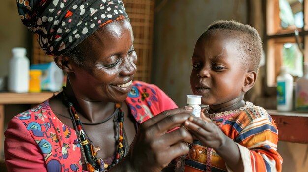 African woman mom giving medicine to the child