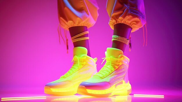 African woman in neon costume and neon shoes in the style of futuristic pop luminous color palette