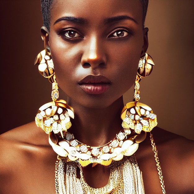 African woman portrait with golden jewelry 3d rendering