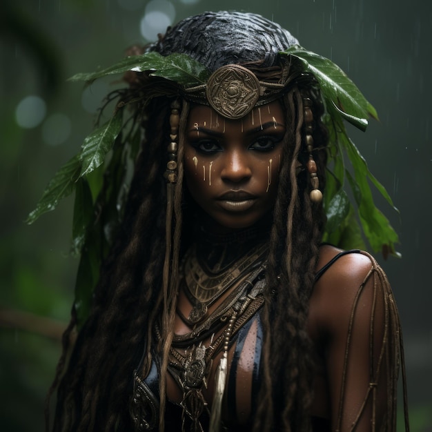 an african woman in the rain with dreadlocks