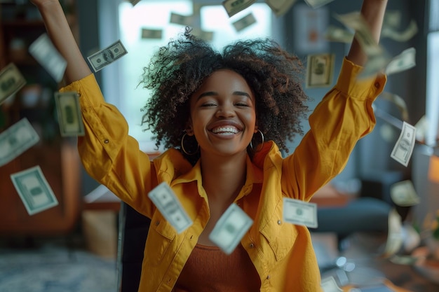 African woman rase hands up victory and success Dollars money fly in air nearby