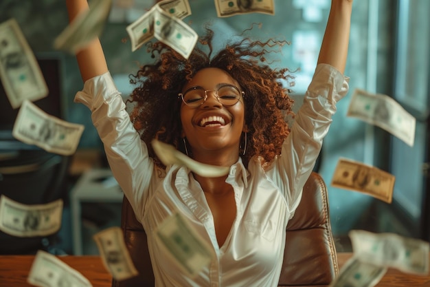 African woman rase hands up victory and success Dollars money fly in air nearby