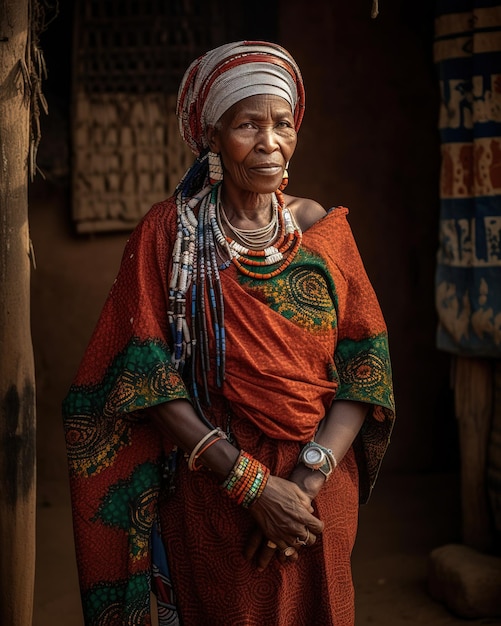 African woman in a red dress stands in a doorway