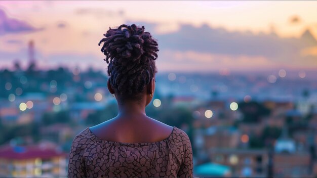 African woman on a rooftop looking at the city landscape