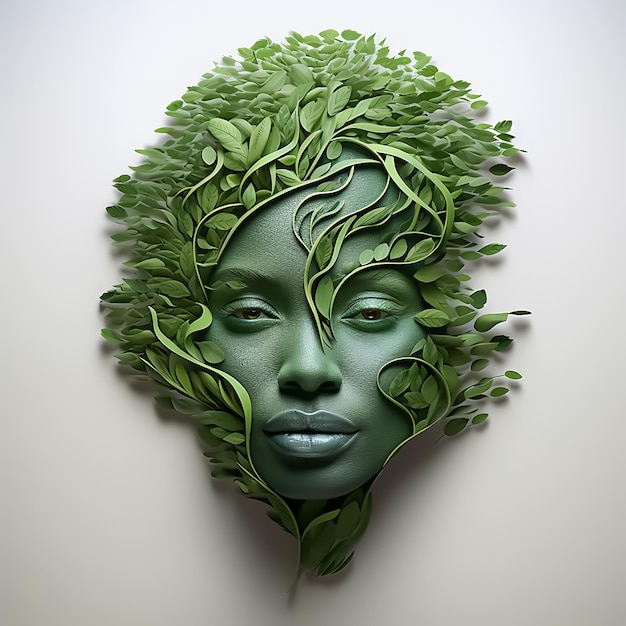 African woman's head in tree leaves