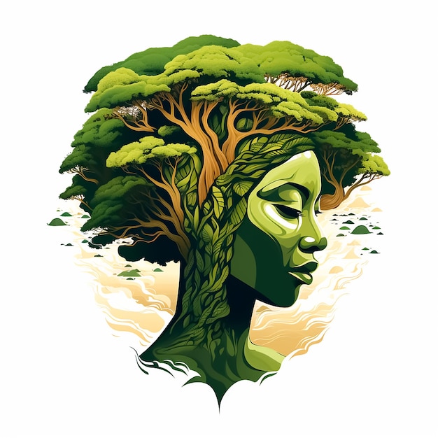 African woman's head in tree leaves