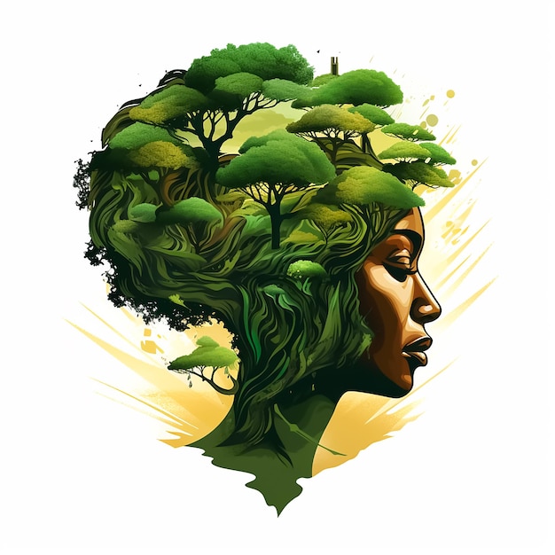 African woman's head in tree leaves