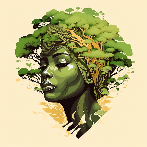 African woman's head in tree leaves