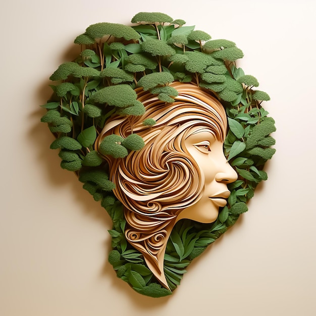 African woman's head in tree leaves