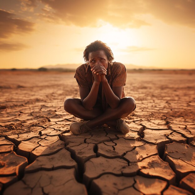 африканская женщина сидела согнутая на коленях на сухой земле и руки закрыты на его лице глобальное потепление