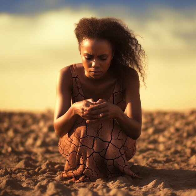 an african woman sat bent his knees at dry ground and hands closed on his face global warming