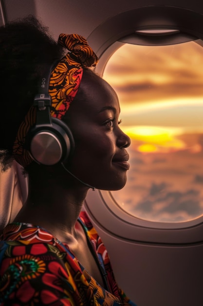 an African woman sits aboard an airplane immersed in music through her headphones