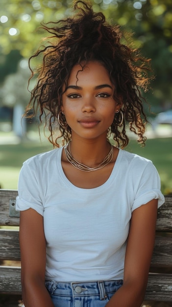 Photo african woman sitting on bench on background of green summer city park