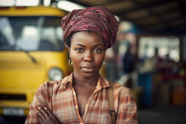 African Woman Standing by Bus in Shirt Generative Ai