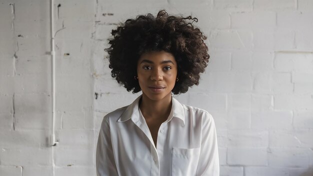 African woman in a studio white wall woman in a white shirt