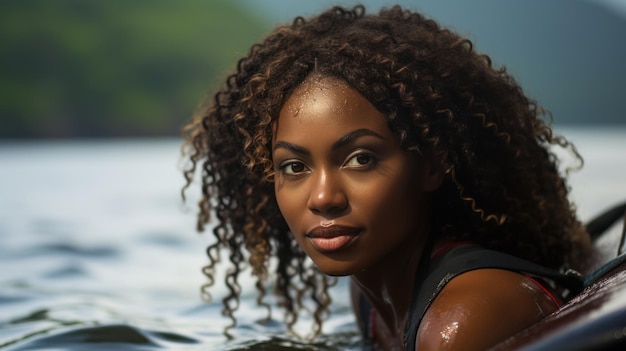 African woman surfer lying on her surfboard and paddling