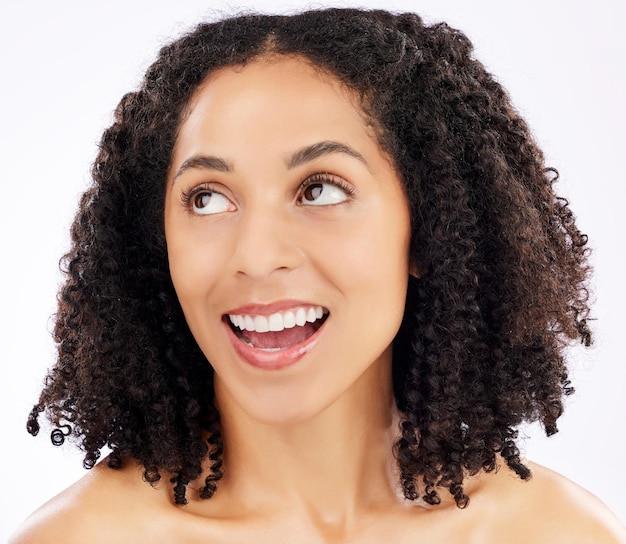 African woman thinking and skincare in studio with choice decision or brainstorming ideas for natural beauty on white background Healthy skin and solution for self care wellness and cosmetics