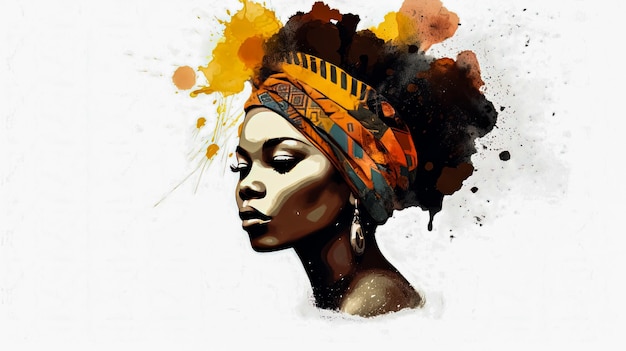 African woman in traditional attire vivid watercolors on white