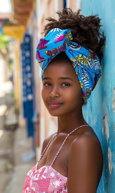 Photo african woman in a turban traditional clothing and interior a girl with jewelry in colored clothes black beautiful skin and retaining her african ethnicity