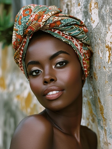 African woman in a turban traditional clothing and interior A girl with jewelry in colored clothes black beautiful skin and retaining her African ethnicity