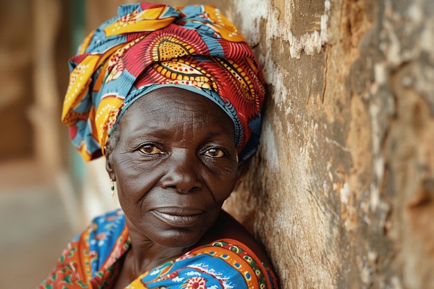 African woman in a turban traditional clothing and interior A girl with jewelry in colored clothes black beautiful skin and retaining her African ethnicity