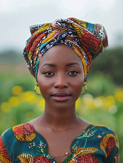 African woman in a turban traditional clothing and interior A girl with jewelry in colored clothes black beautiful skin and retaining her African ethnicity