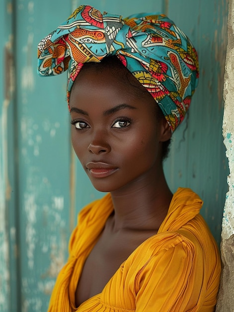 African woman in a turban traditional clothing and interior A girl with jewelry in colored clothes black beautiful skin and retaining her African ethnicity