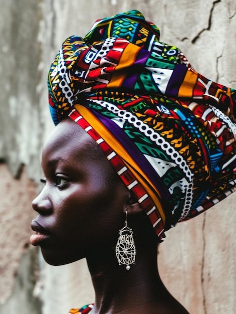 African woman in a turban traditional clothing and interior A girl with jewelry in colored clothes black beautiful skin and retaining her African ethnicity